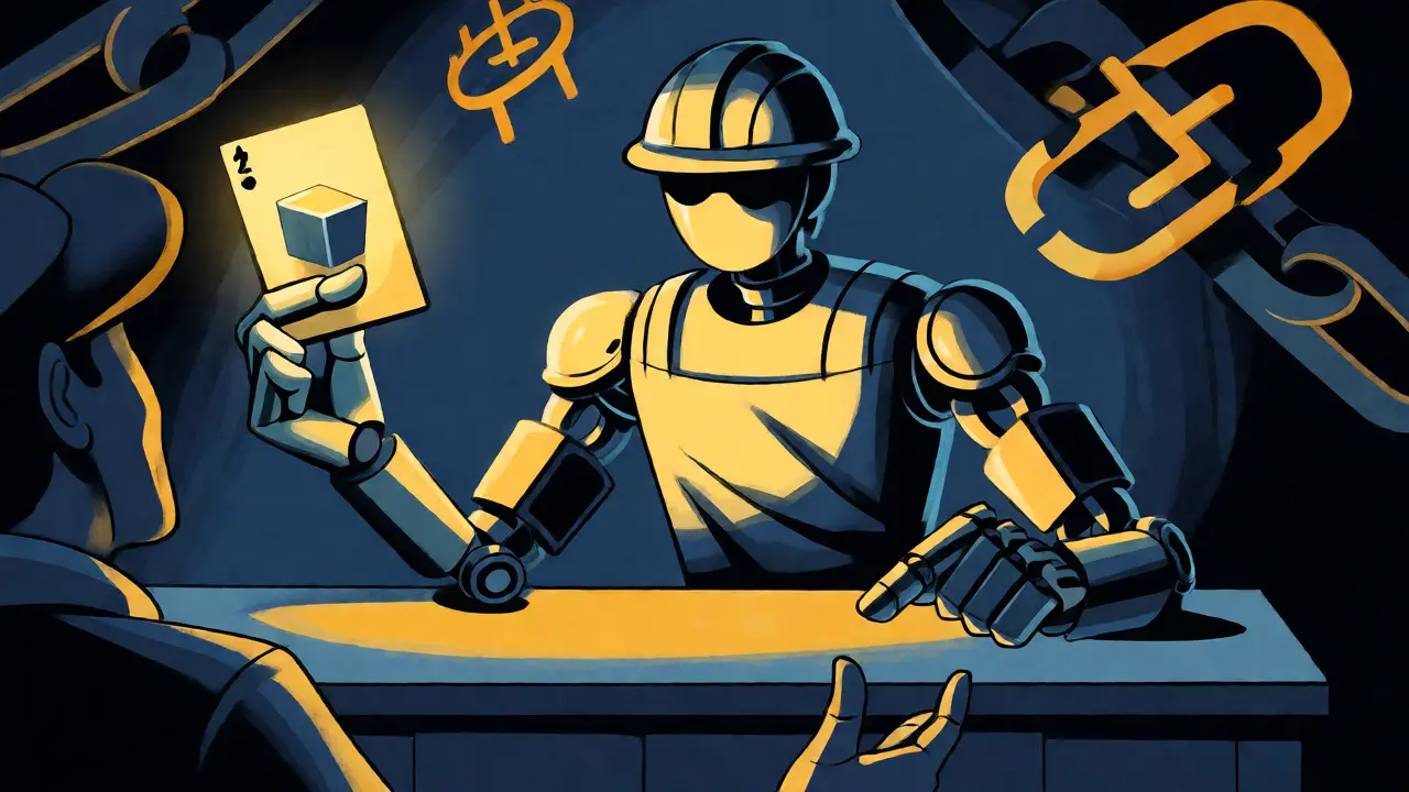 Miner hiding a private block while completing a transaction with a merchant in a graphic poster style.