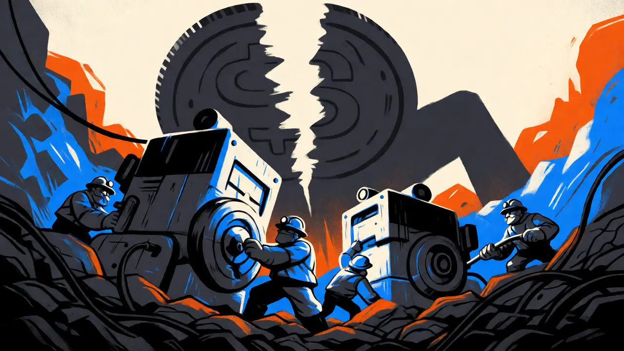 Miners operating heavy machinery under the shadow of a splitting coin, illustrating economic pressure.