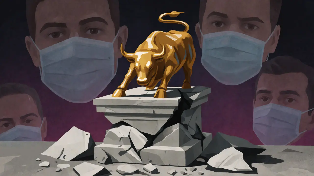 Shattered golden bull statue surrounded by masked figures, representing collapsed crypto projects.