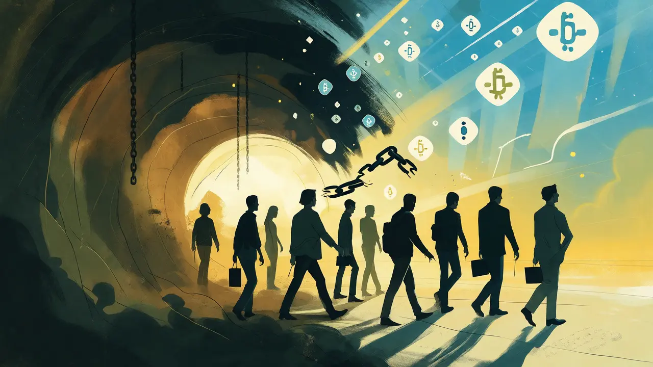 Silhouettes walking from a dark tunnel toward a bright horizon of blockchain technology.