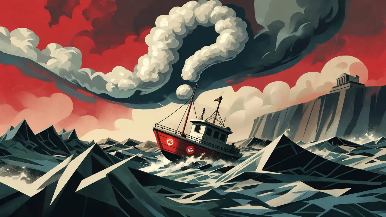 Small boat navigating stormy geometric waves under a threatening question-mark cloud.