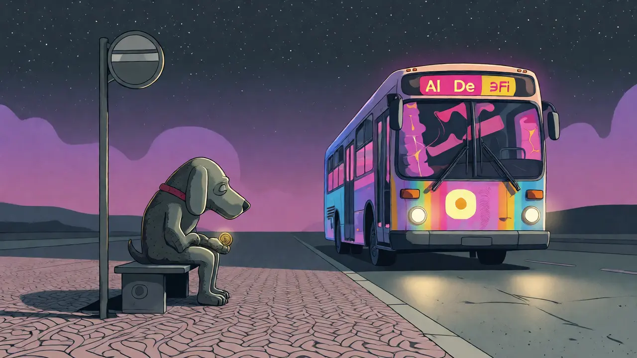 Small dog waiting at a bus stop as a large trend bus approaches in a surreal night scene.