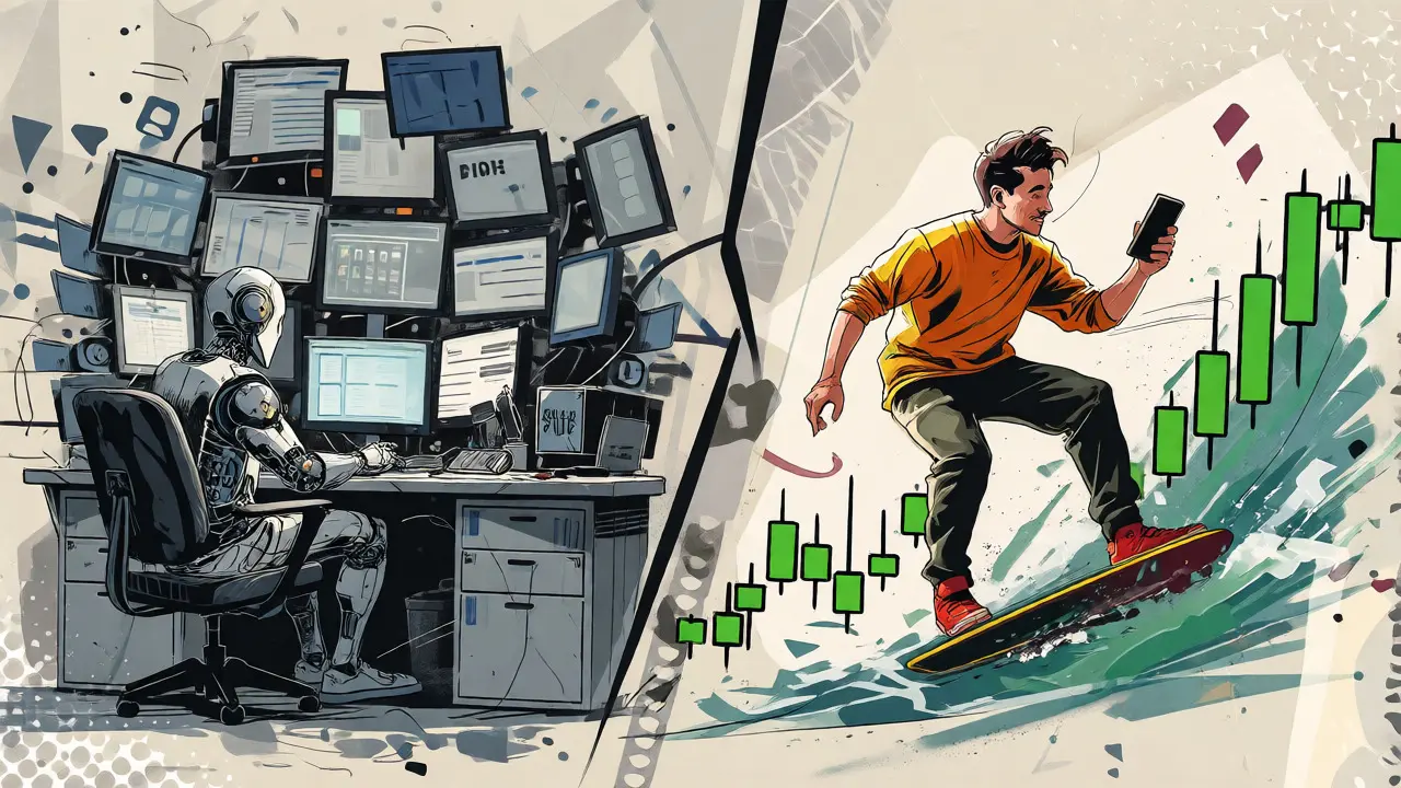 Split scene showing overwhelmed robot versus agile trader surfing market waves.