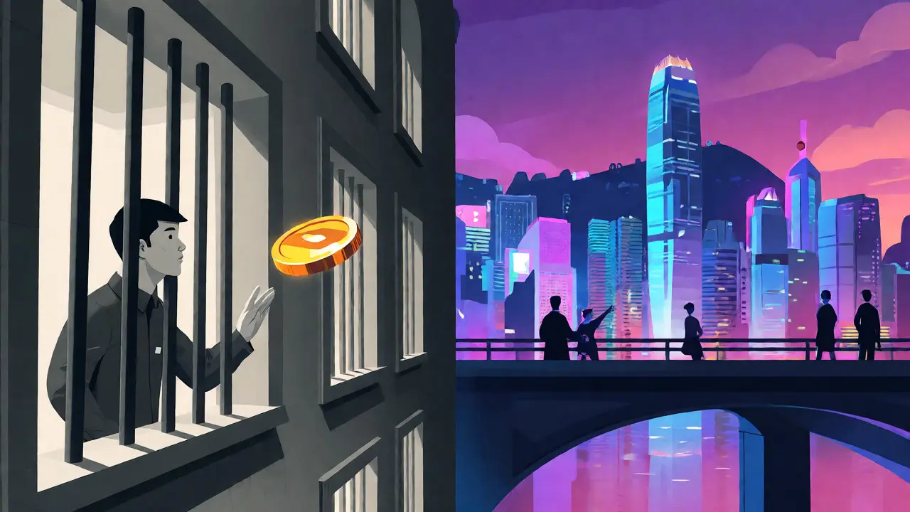 Split scene showing restricted mainland banking versus open Hong Kong crypto markets.