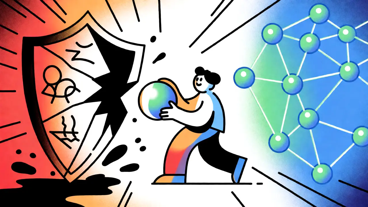 Stylized art showing funds moving from a broken shield to a secure decentralized network.