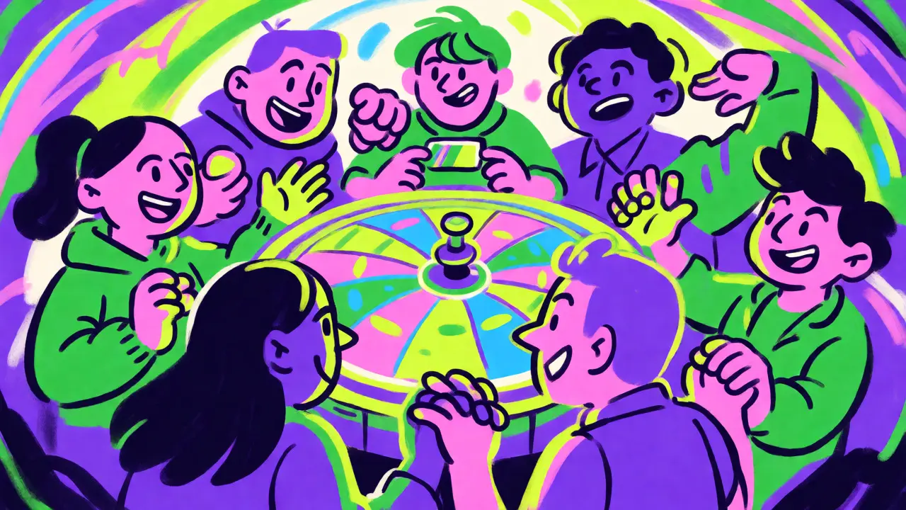 Stylized characters playing games and bonding around a central token hub.