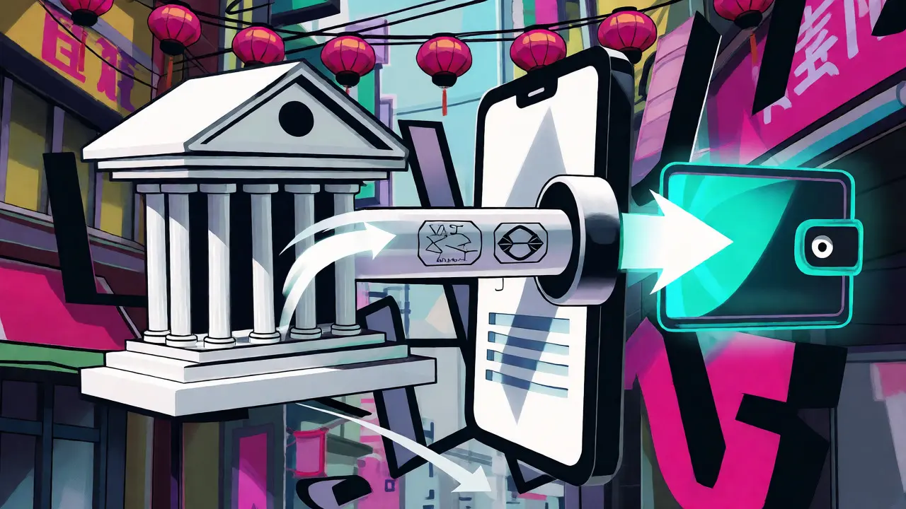 Stylized graphic showing money flowing from a bank through a regulated VASP pipeline.