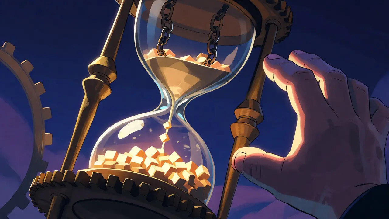 Stylized illustration of an hourglass with tokens flowing, representing vesting schedules.