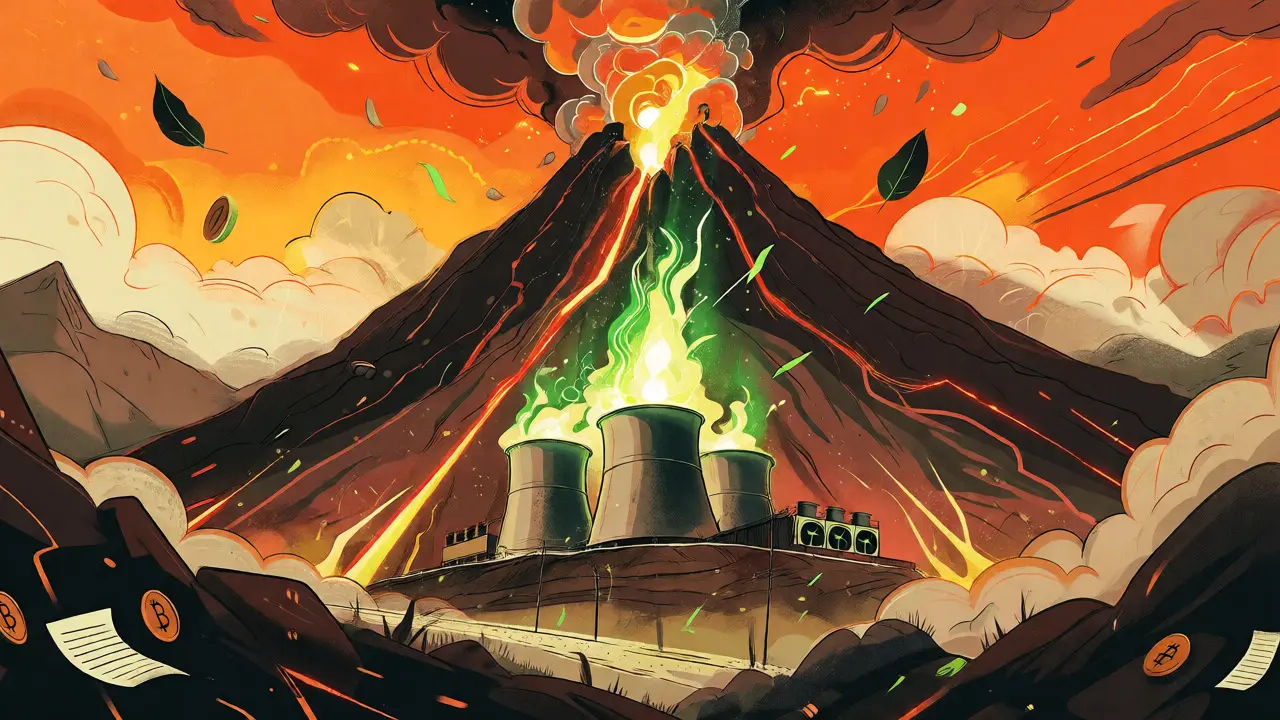 Stylized volcano powering Bitcoin miners in El Salvador with golden energy flows.