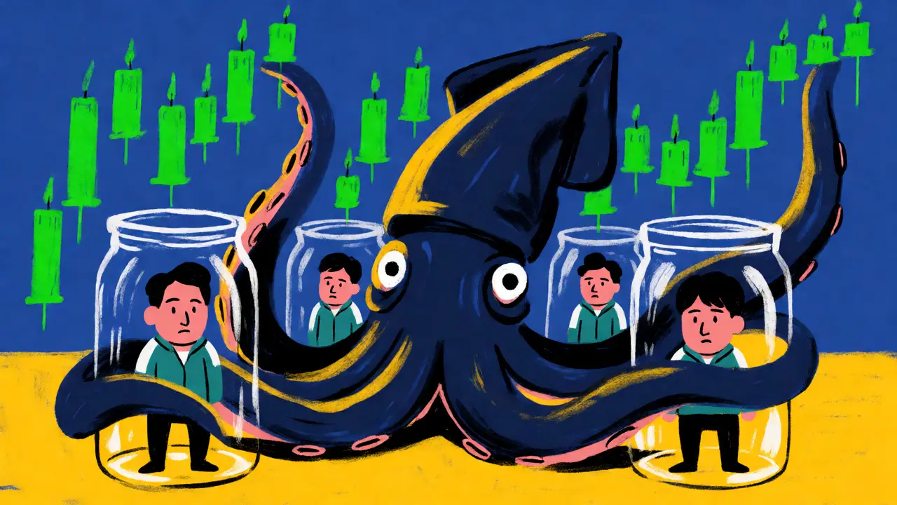 Surreal artwork of a squid trapping people in jars amidst rising financial charts.