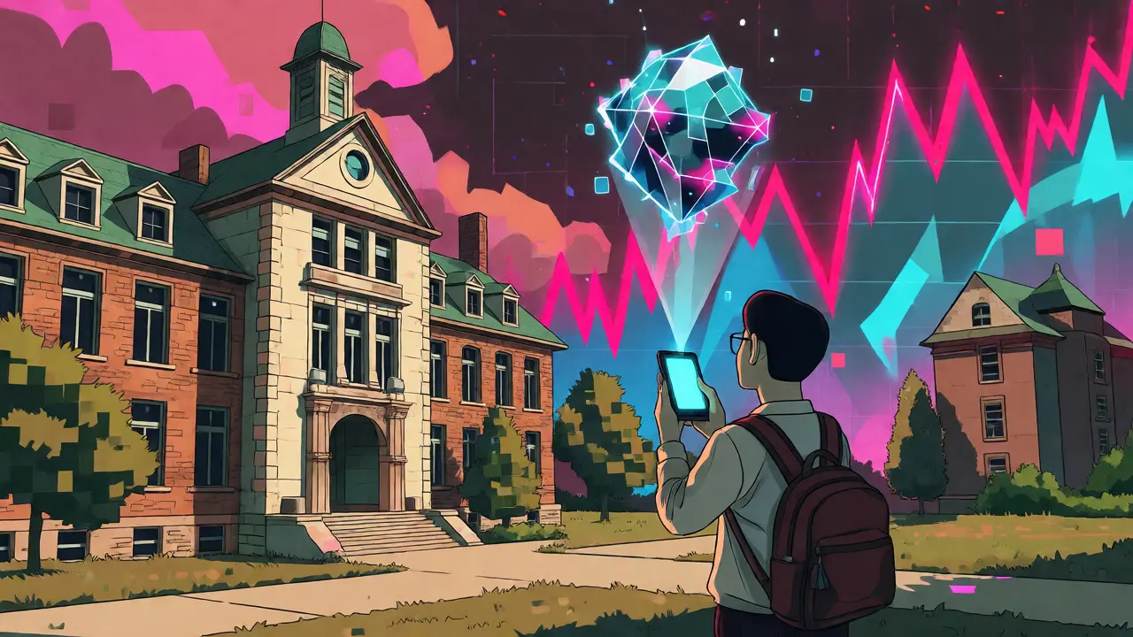Surreal cartoon depicting a student interacting with blockchain technology amidst volatile market graphs.