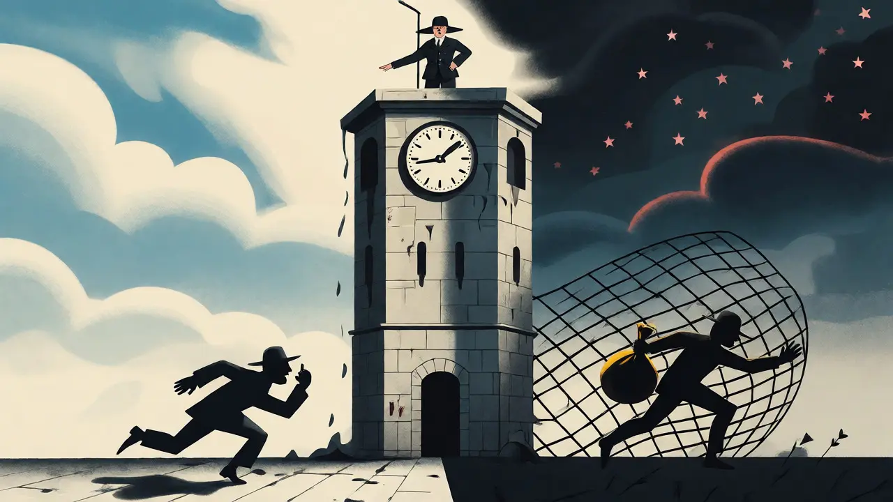 Surreal poster art depicting a guardian watching a clock tower while trapping a thief during a challenge period.