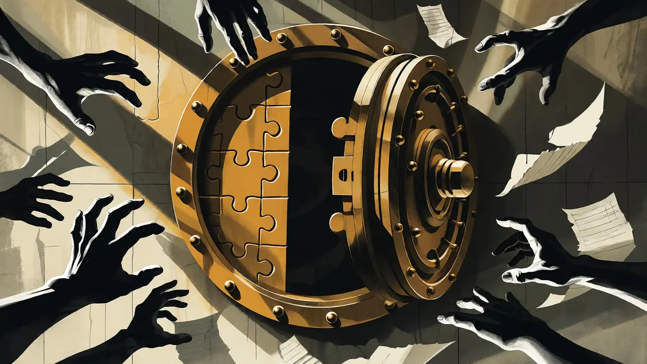 Surreal vault with reaching hands and floating documents illustrating crypto security risks.