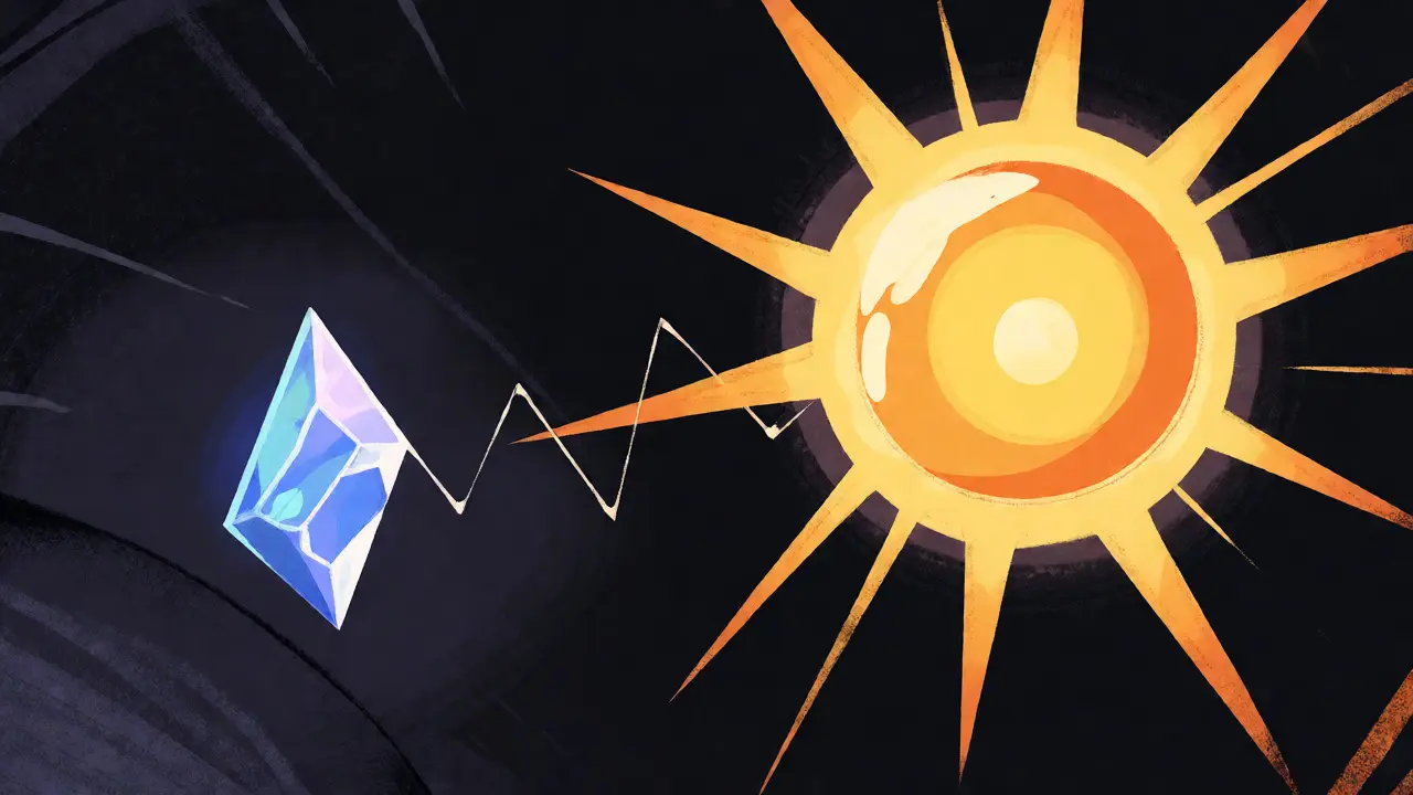 A large radiant sun dominating a small blue crystal, illustrating the market share gap between DEXs.