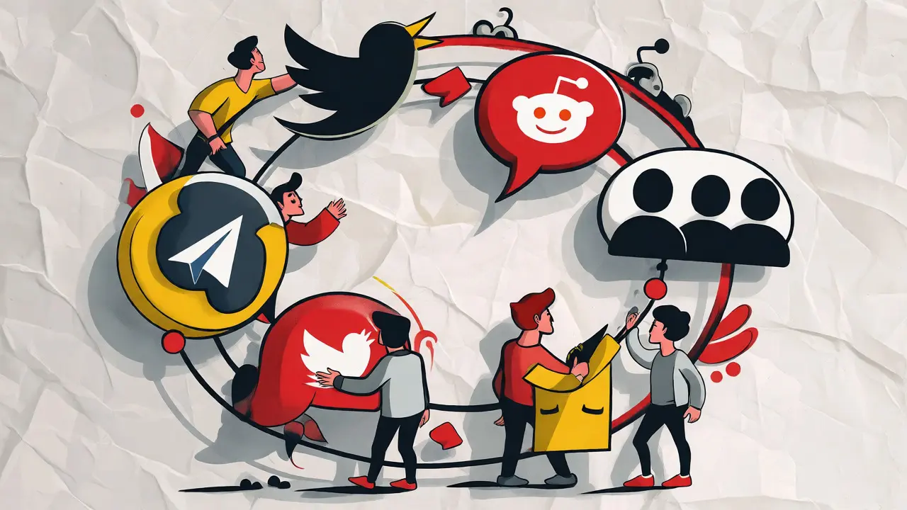 Abstract cartoon characters connecting social media task icons