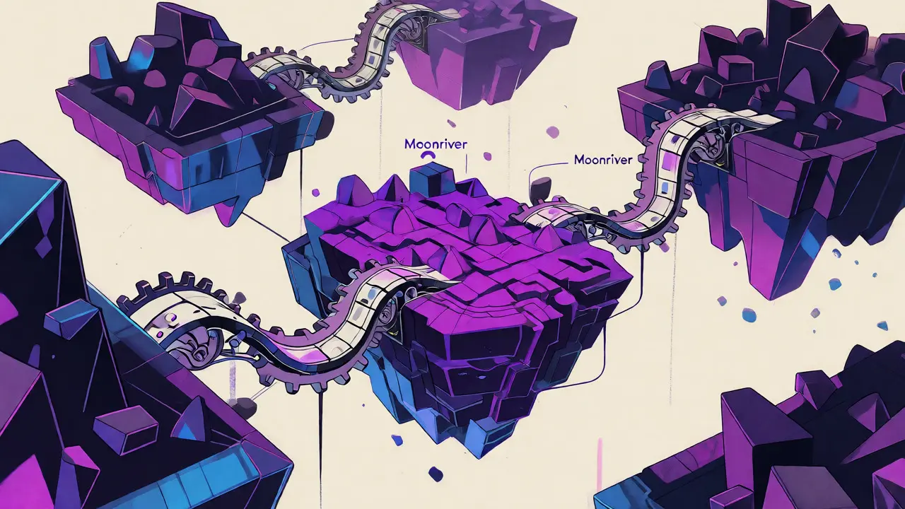 Abstract geometric islands connected by mechanical bridges, representing cross-chain blockchain interoperability.