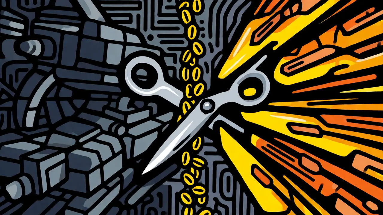 Abstract mining rigs and scissors cutting falling coins, illustrating halving impact in cartoon art.