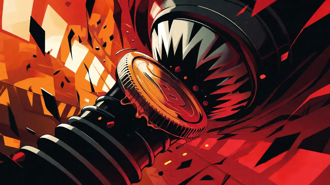 Abstract orange and black illustration of a coin stuck in a jagged funnel, showing slippage.