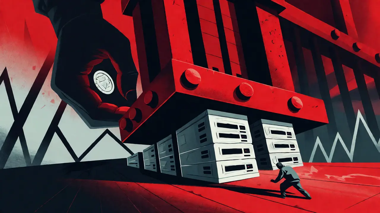 Abstract red weight crushing small servers, symbolizing the 6000% tax hike in Polish poster art style.