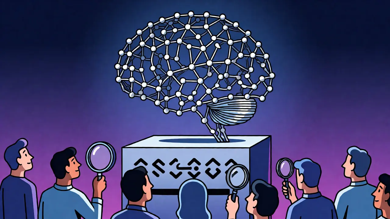 AI brain on a pedestal inspected by stylized figures in blue tones