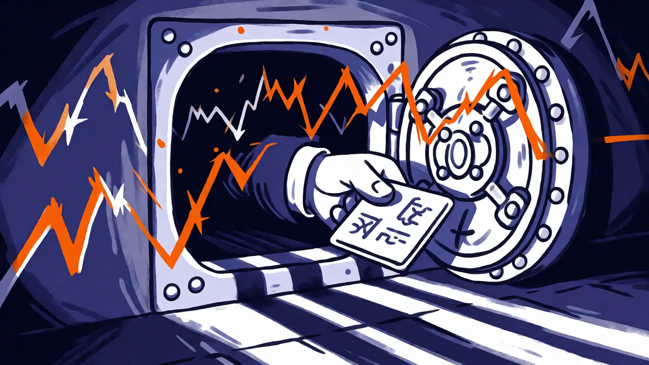 Allegorical cartoon of a vault releasing utility benefits amidst volatile, jagged price chart shadows in a moody setting.