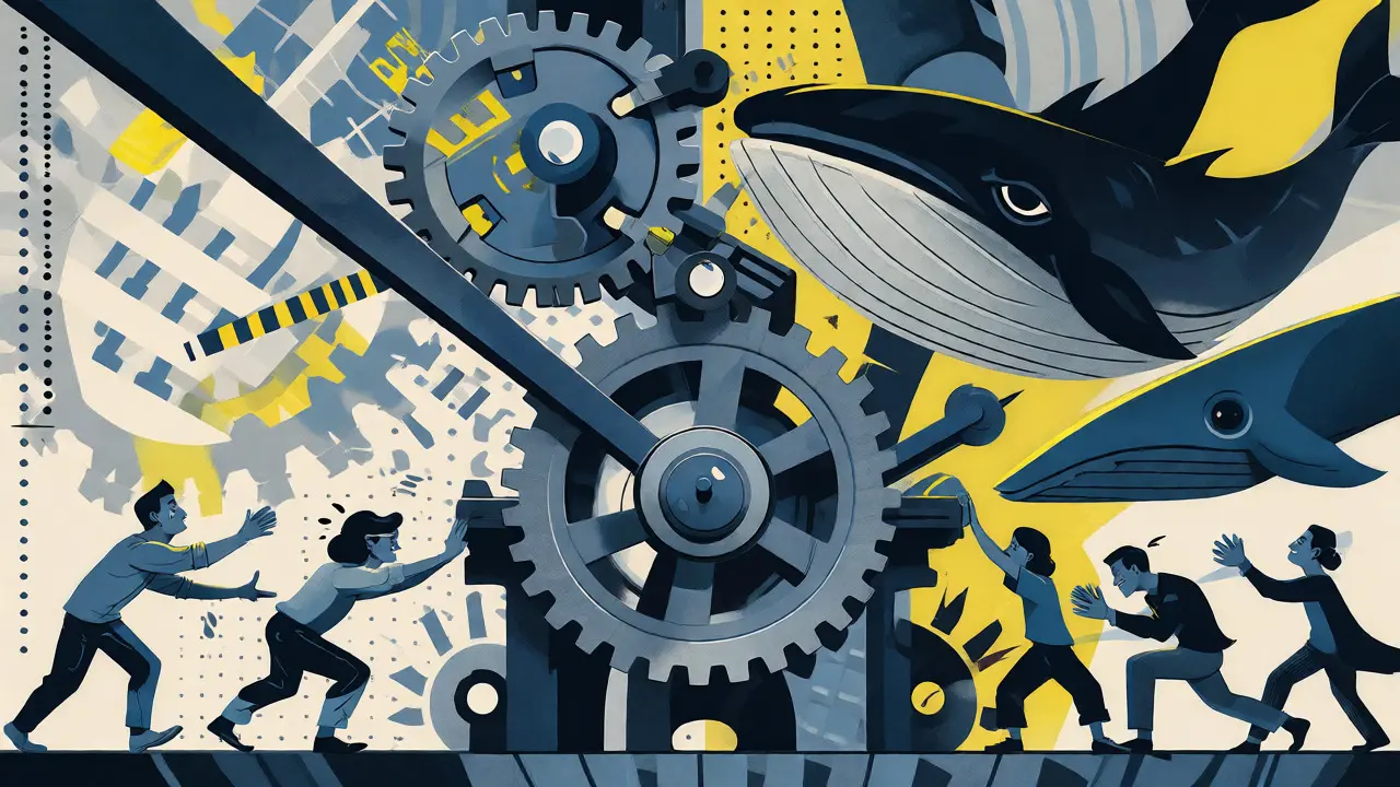 Allegorical cartoon showing small figures pushing a machine while large whale shapes control it, representing delegation.