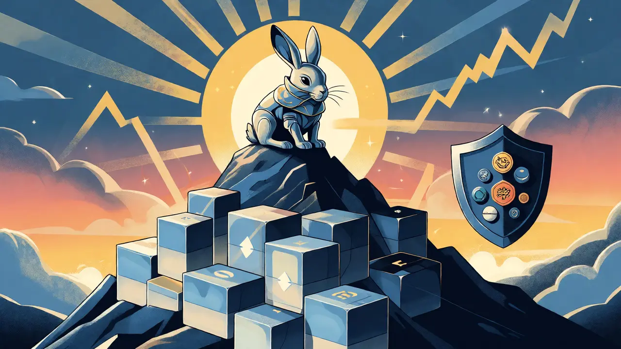 Armored rabbit on a cube mountain under a rising sun symbolizing token growth and security.