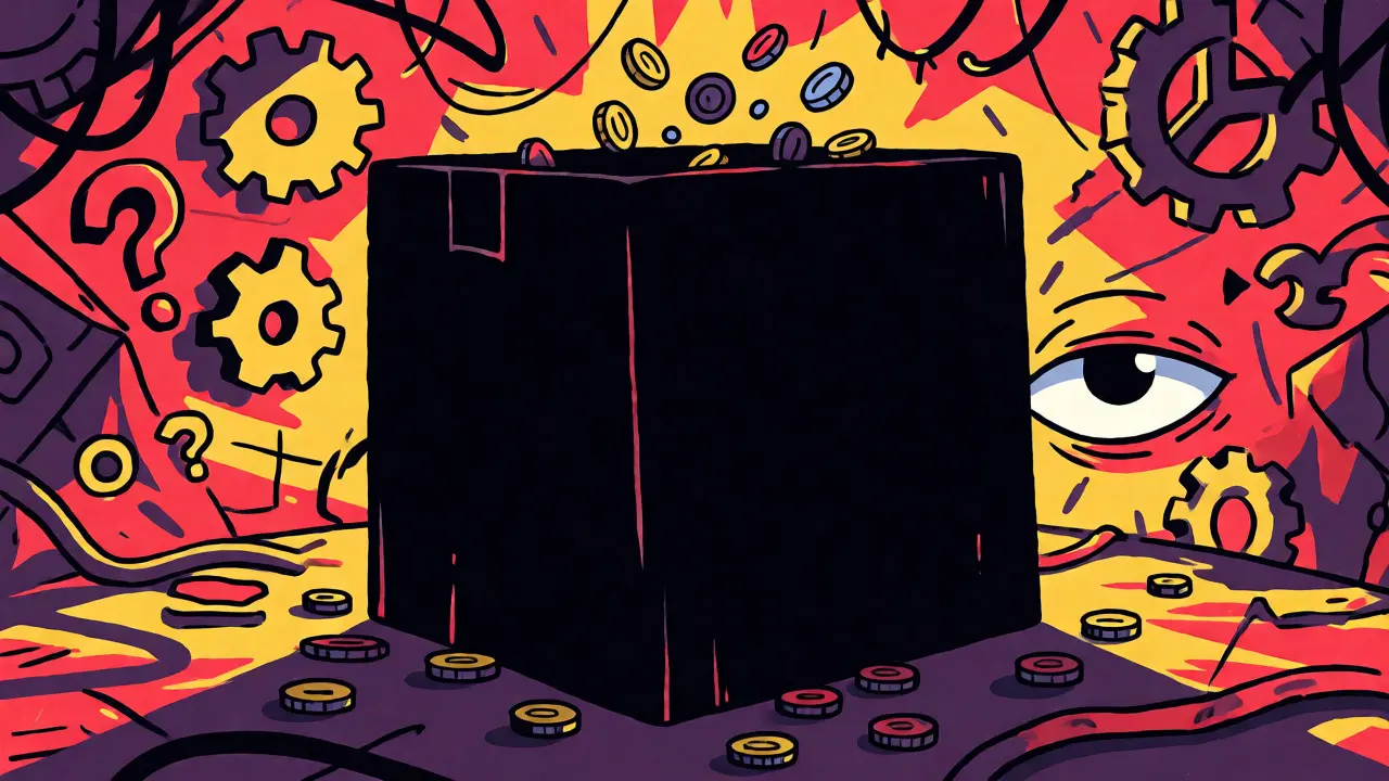 Black box swallowing coins with chaotic background symbolizing opacity