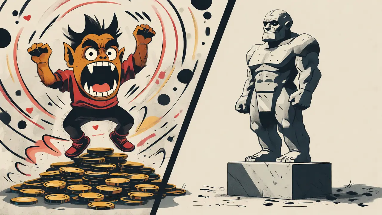 Cartoon orc dancing near a stone statue representing meme vs utility tokens