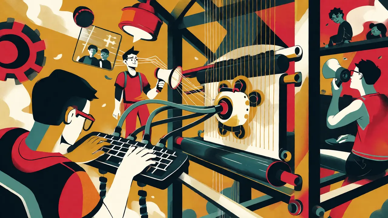 Characters engaging with abstract tech interfaces and networks in colorful cartoon style