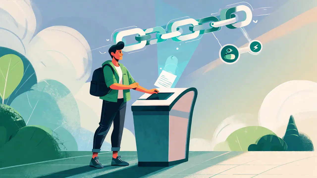 Citizen casting a vote linked to a holographic blockchain ledger