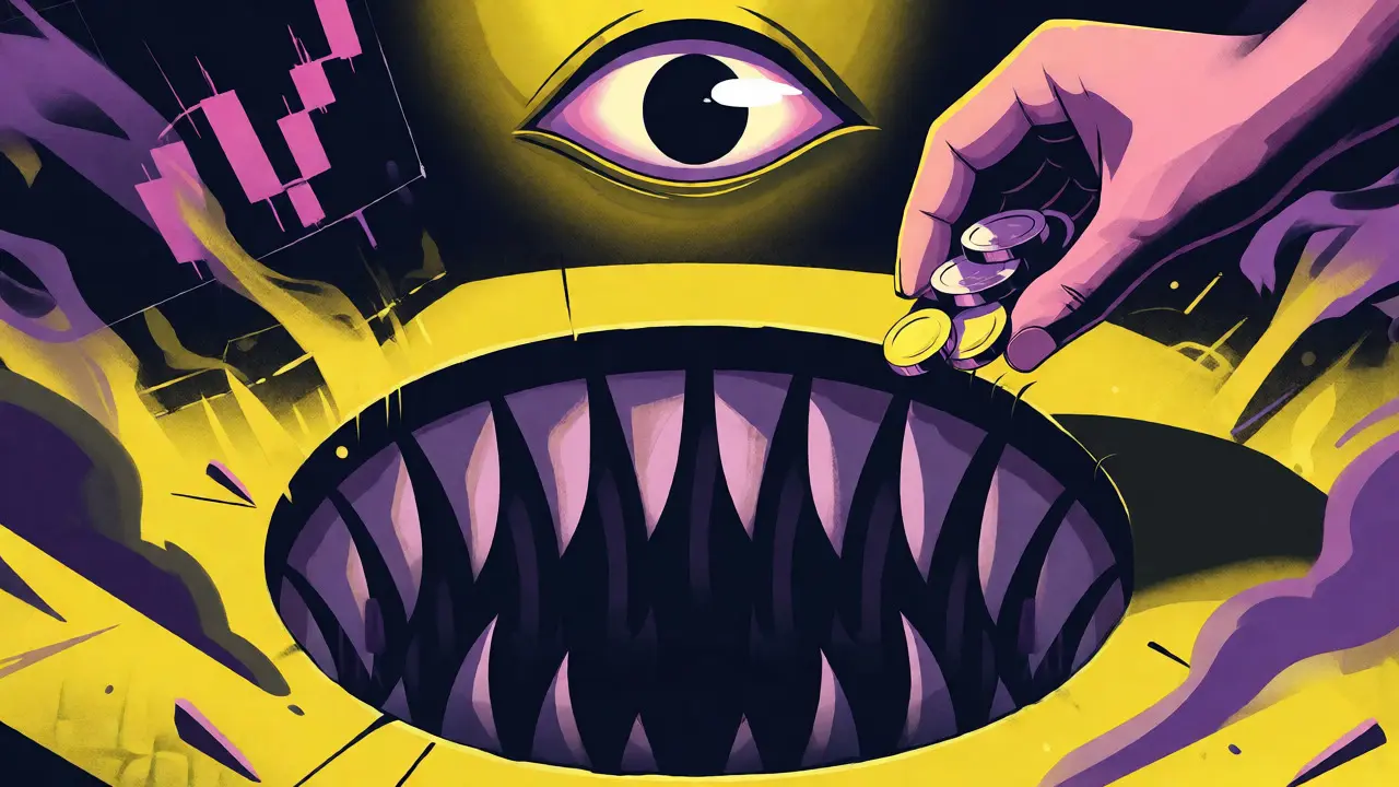 Dramatic artwork depicting coins falling into a pit watched by a giant, auditing eye.