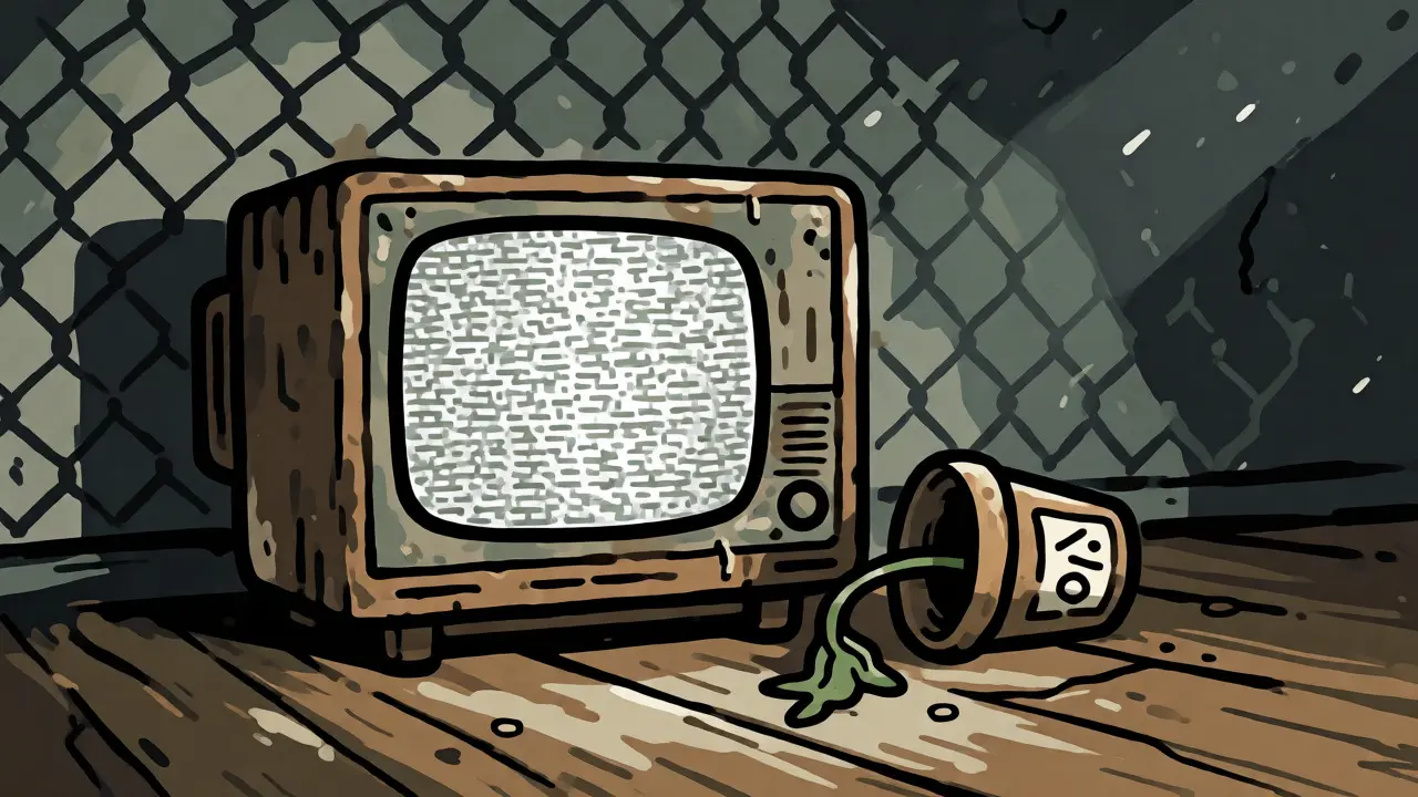 Dusty television and wilted plant symbolizing a dormant cryptocurrency project.