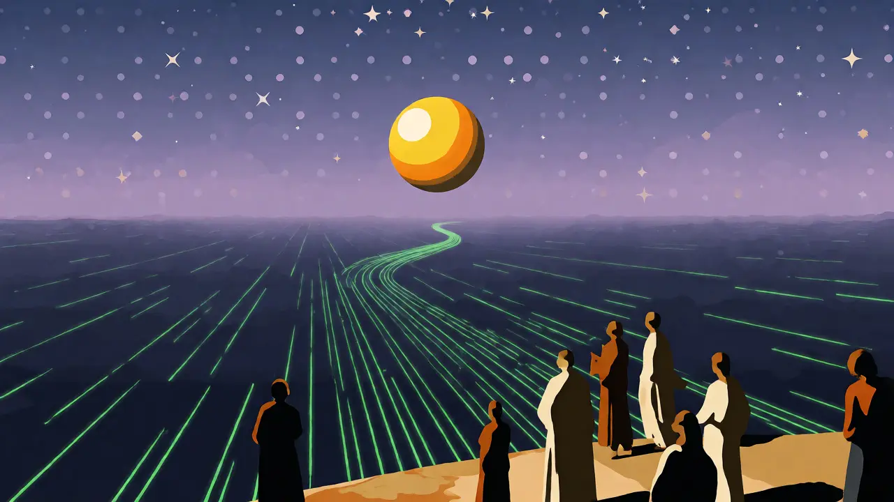 Futuristic digital landscape with a floating golden sphere and figures looking toward the horizon.
