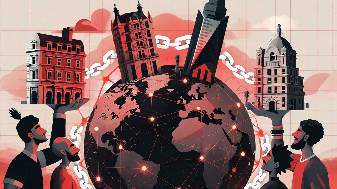 Global network connecting miniature international buildings via secure blockchain links.