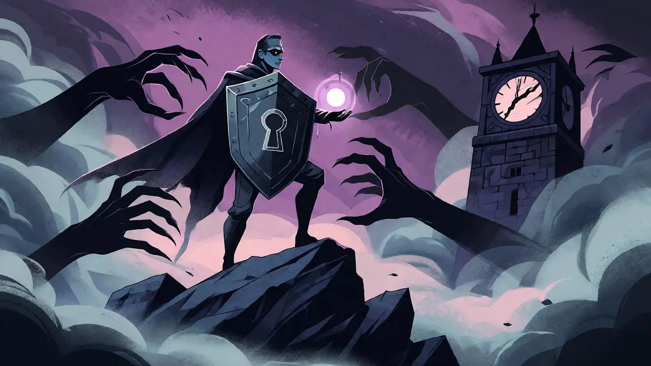 Guardian protecting a glowing orb from shadowy threats near a distorted clock tower