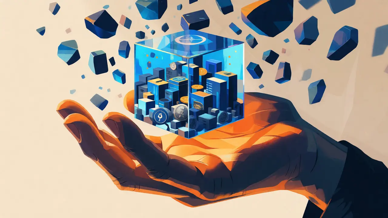 Hand holding transparent crypto token cube