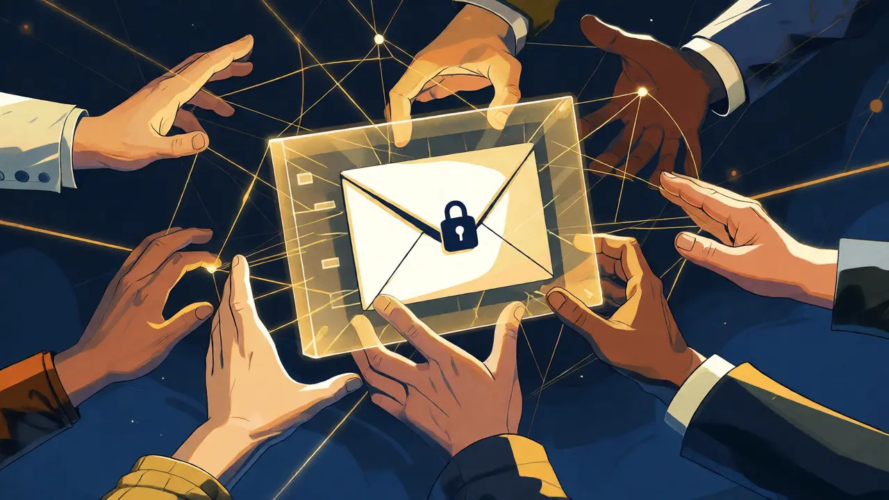 Illustration of hands securing a glowing digital vote block together