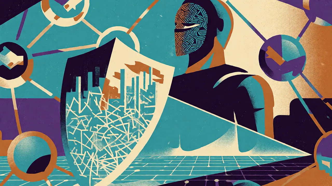 Masked guardian figure with geometric patterns protecting a digital landscape, symbolizing zero-knowledge privacy.