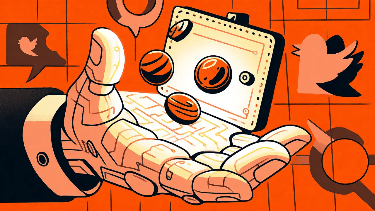 Mechanical hand catching falling tokens amidst abstract social icons