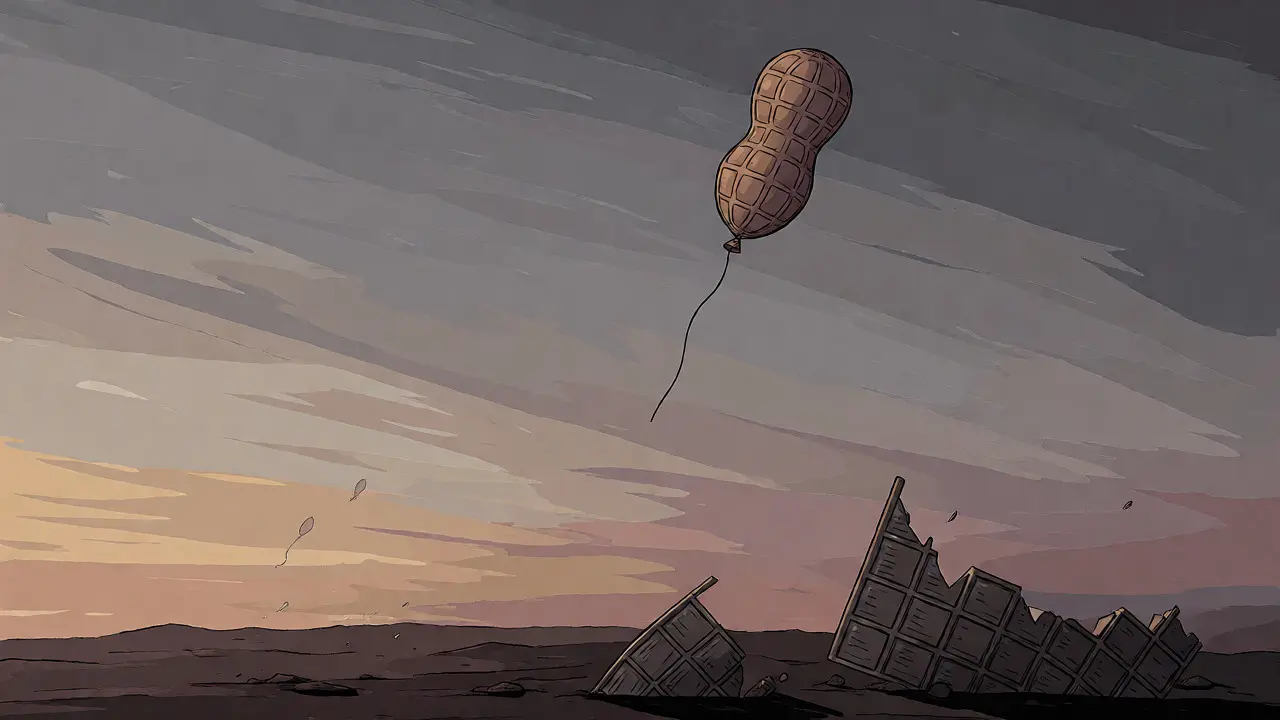 Melancholic scene of a fading peanut balloon over ruins symbolizing NUX decline.