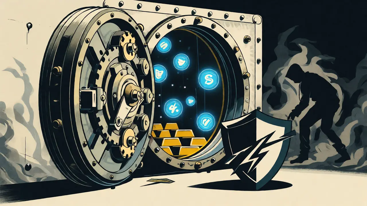 Open vault with floating orbs and lurking shadow illustrating security concerns
