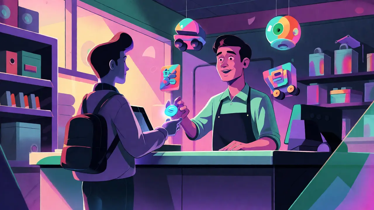 Person paying with a glowing token at a retro-futuristic store counter.