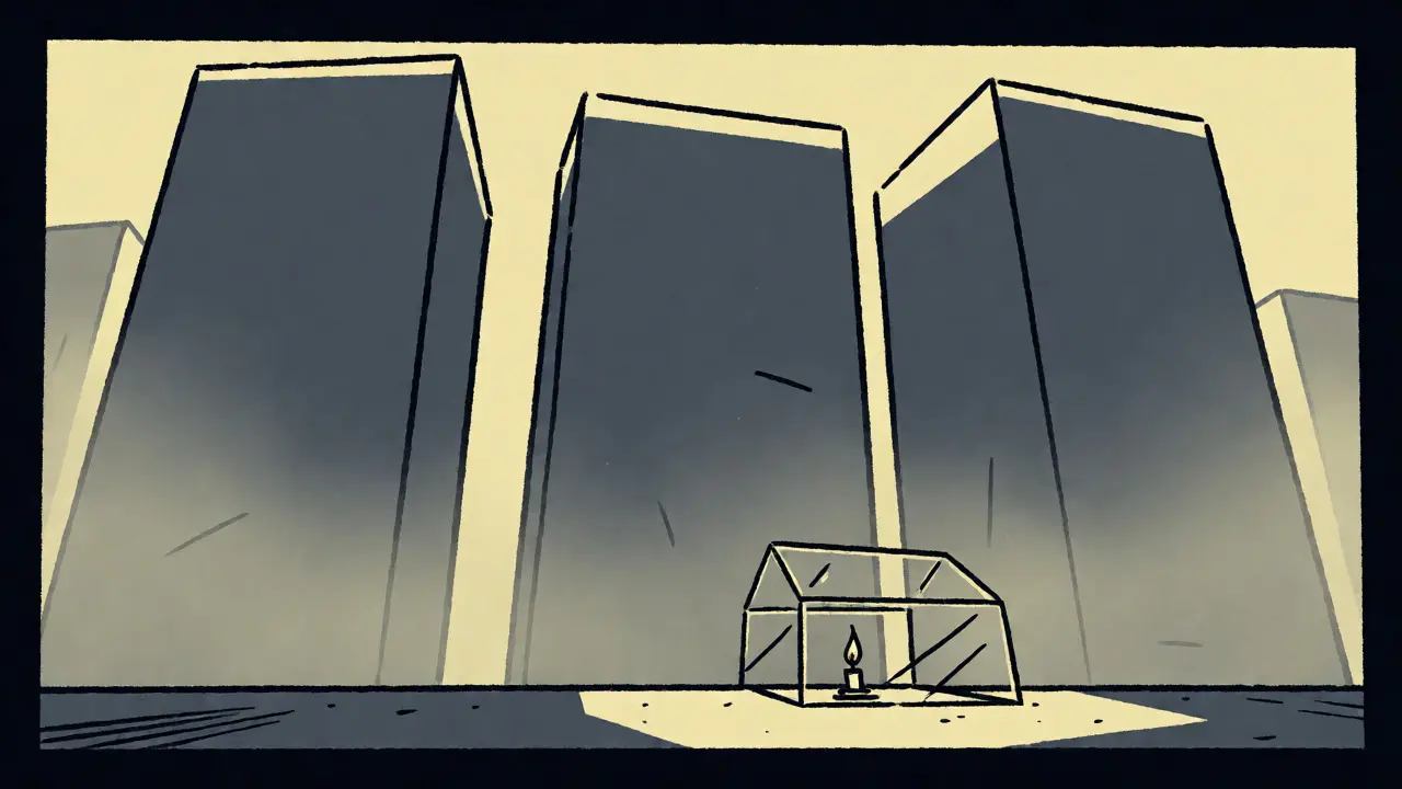 Polish school illustration depicting a fragile glass house dwarfed by shadowy, opaque corporate towers representing market giants.