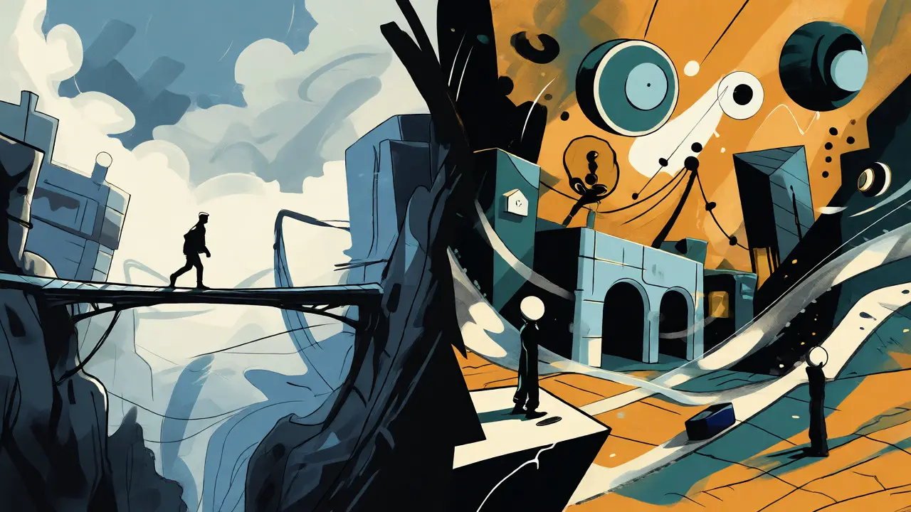 Split scene contrasting a lonely figure on a bridge with a busy abstract marketplace.