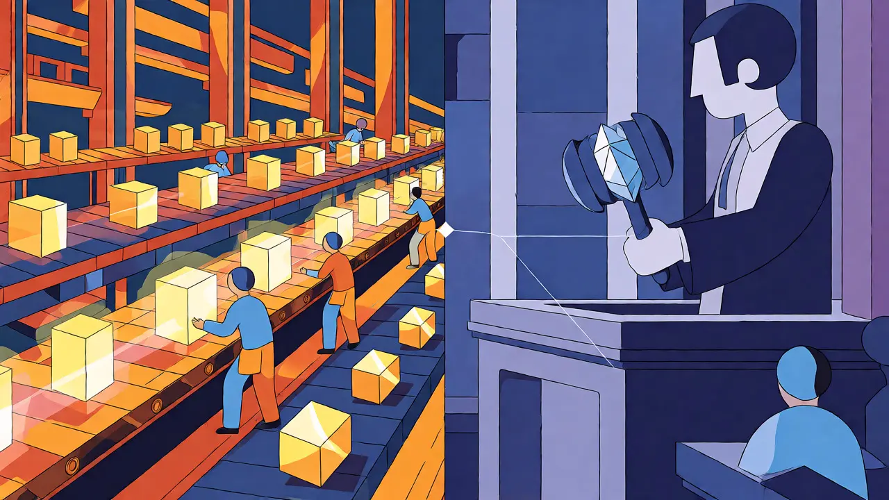 Split view showing fast execution factory vs secure settlement court