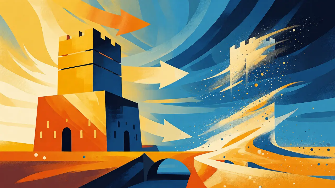 Sturdy golden fortress versus collapsing sand tower showing exchange stability