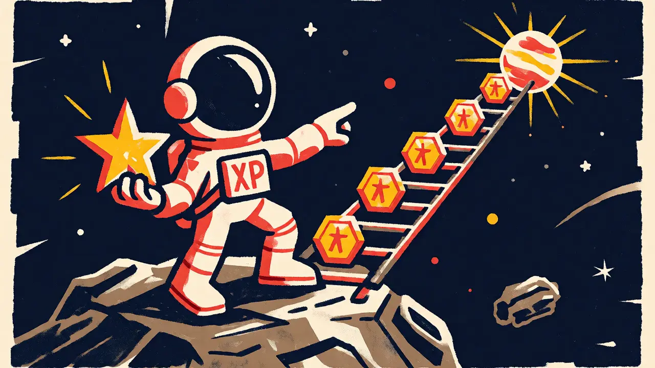 Stylized astronaut collecting XP stars on an asteroid while looking at a ladder of coins leading to a planet.