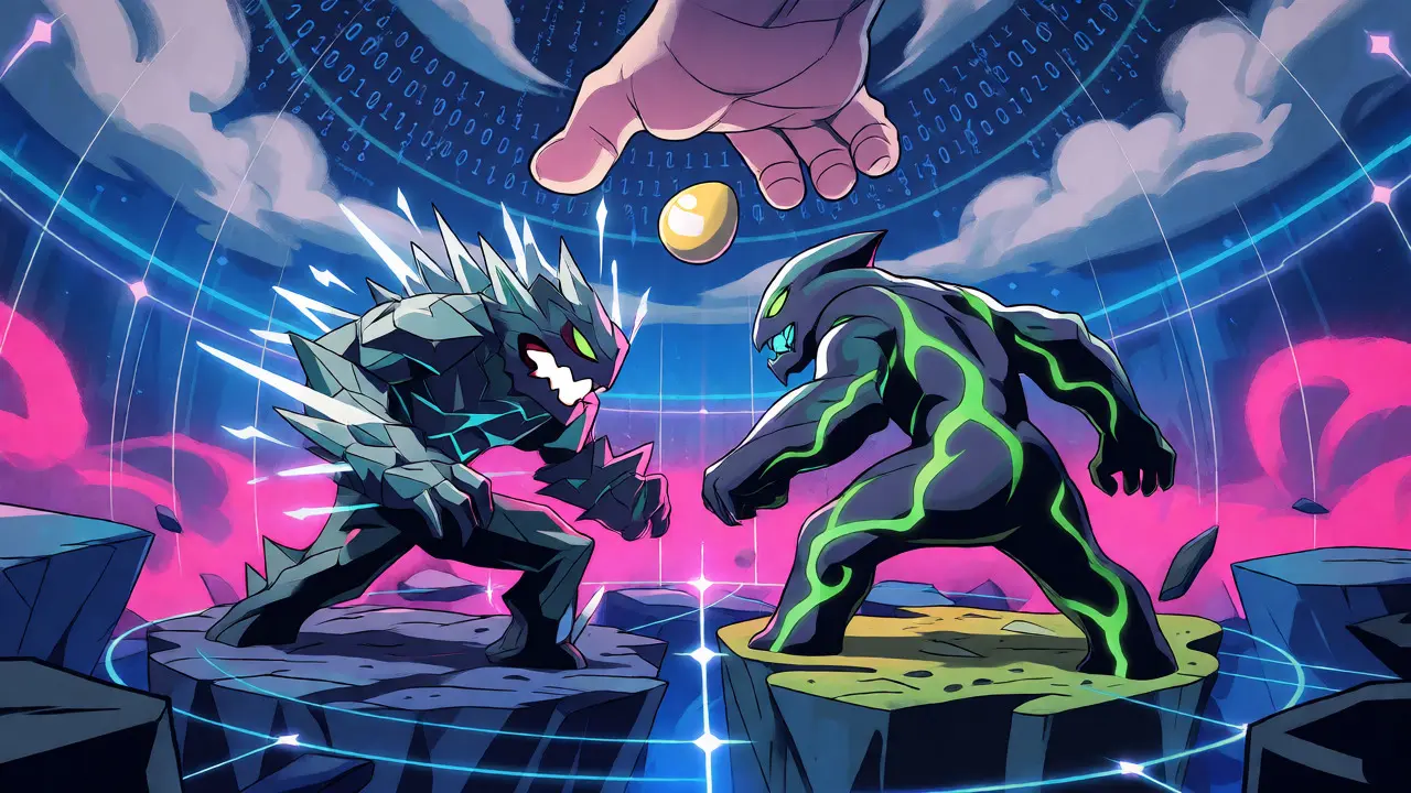 Stylized cartoon monsters battling on floating islands in a digital multiverse arena.