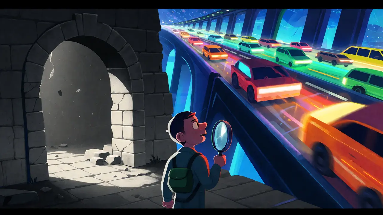 Stylized comparison of a decaying archway versus a vibrant, fast-moving digital highway.